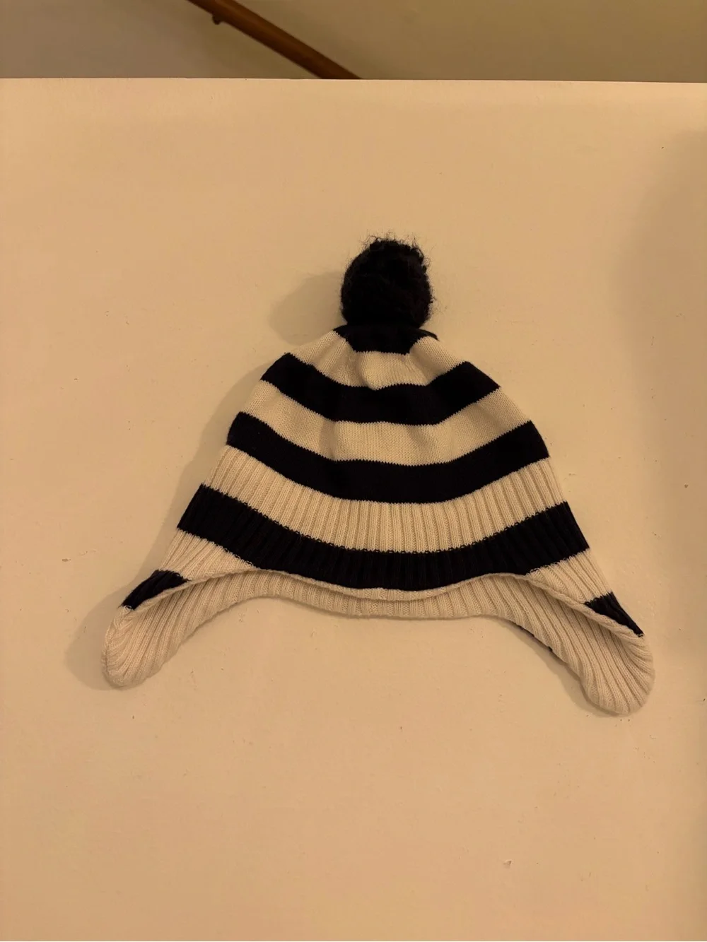 Vintage Navy and Cream Striped Earflap Baby Hat with Pom